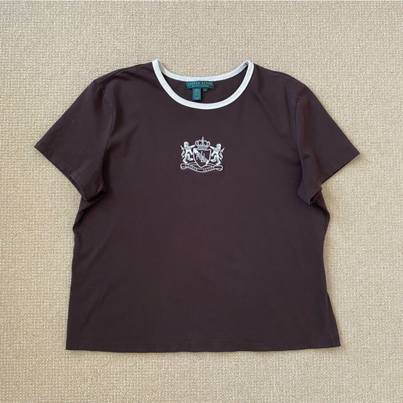 Ralph Lauren Tops - Ralph Lauren Brown Graphic Logo Tee with White Trim Women’s XL 100% Cotton